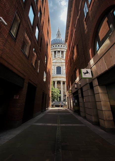 A narrow urban street bordered by tall brick buildings on either side, leading towards St Paul's Cathedral with its distinctive dome and ornate architecture visible in the background under a partly cloudy sky. The street appears to be used for pedestrian access with a paved pavement and a wheelchair accessible insert in the middle. On the right side, an illuminated green and white sign features a dog silhouette, mounted on the building façade. The scene is during daylight, and there are no visible vehicles or furniture, but the setting suggests a typical London cityscape that could be relevant for house removals, furniture transport, or home relocation services by Man with Van Blackfriars, especially considering the tight street access and the proximity to notable landmarks.